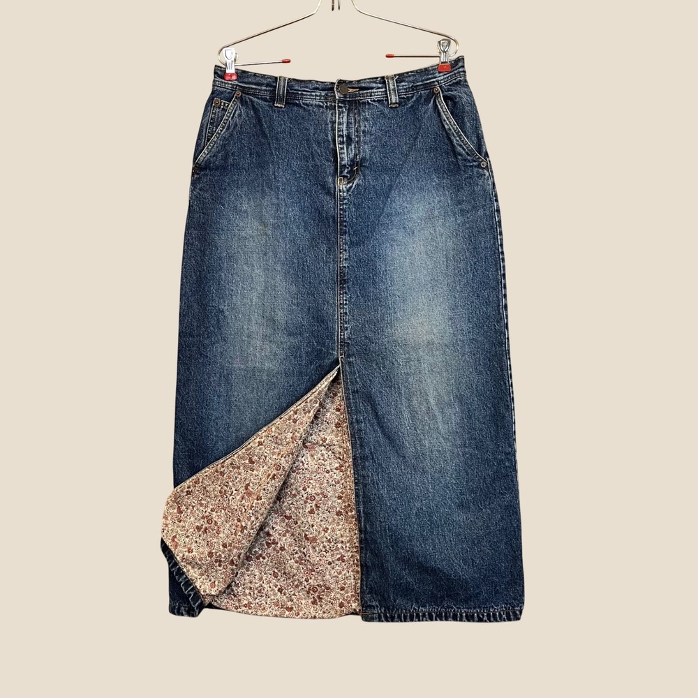Eddie Bauer Denim Jean Maxi Skirt Women 12 Floral Lined Utility Front Slit Heavy